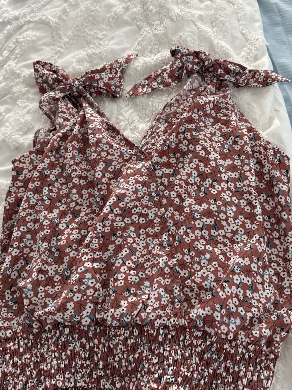 Tie-Shoulder Floral Smocked Waist Tank Top - Rust Floral from Vestique boutique